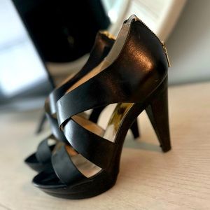 Michael Kors Black Leather Strappy 4” Open Toe Heel